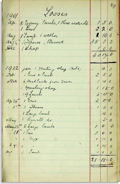 'Statement of losses'. Detholiadau o lyfr poced y Ffermwr Stephen. 